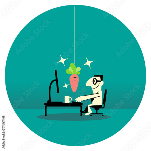 Flat retro vector illustration of a happy businessman typing on a computer while a glowing carrot dangles in front of him. Great for workplace incentive, motivation, and reward concepts. 