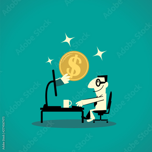 A hand reaching out from a computer screen to hand a large gold dollar coin to a businessman working at his desk. For online income, e-commerce profit, and digital business success concepts.