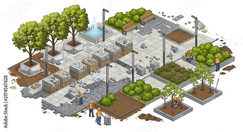 Isometric urban development construction site with landscaping elements.