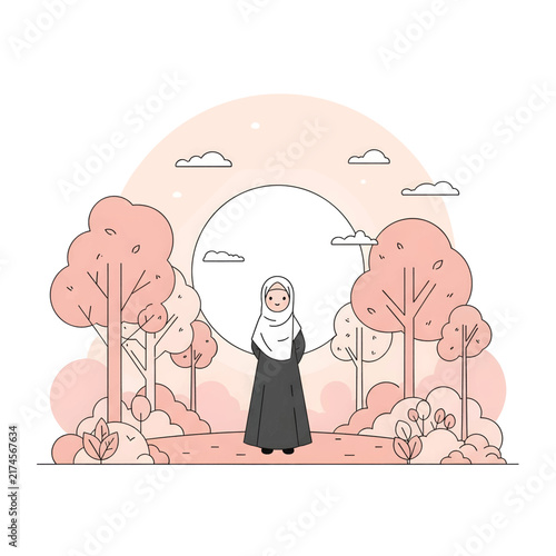 Muslim Woman in Hijab Walking in Pastel Pink Park Nature Background Flat Illustration