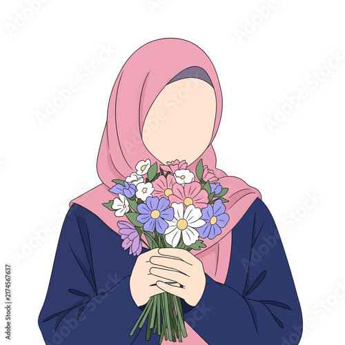 Faceless Muslim Woman in Pink Hijab Holding Flower Bouquet Minimalist Vector Illustration