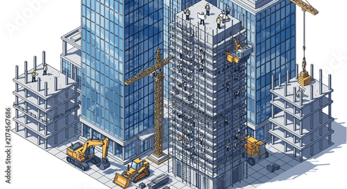 Modern Cityscape Under Construction With Cranes and Excavators.