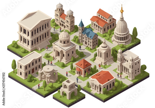 Isometric Collection of Diverse Architectural Buildings and Structures.