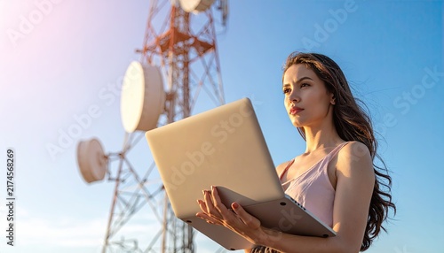 Woman working on a laptop near a telecommunications tower outside on a clear day, depicting technology and connectivity.