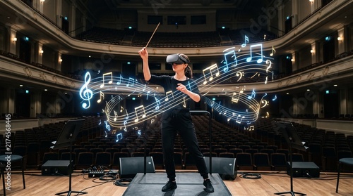 An inspired female conductor wearing VR headset directs a grand symphony orchestra inside a historic concert hall while glowing musical notes swirl magically through the air around her