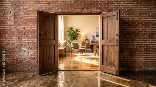 A warm golden light streams through wooden doors opening into an inviting workspace filled with lush green plants, comfortable chairs, and a person working peacefully in the distance
