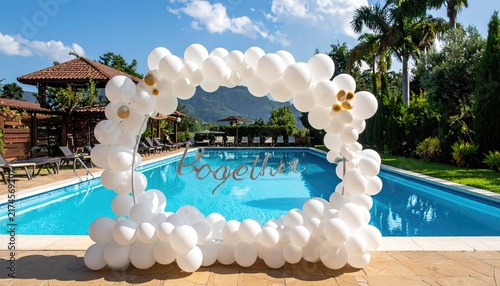 White balloon wedding decoration with “Better Together” sign near pool.