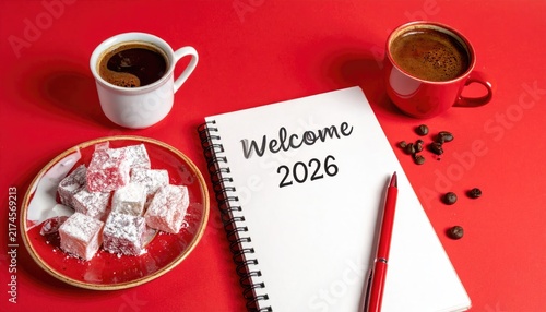 welcome 2026 concept, notebook, writing, coffee, pens, Turkish delight on a plate and red theme