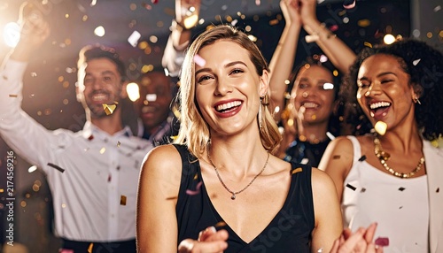Woman, dancing and excited at night, event and happy at new years eve with cheers, diversity or colleagues.