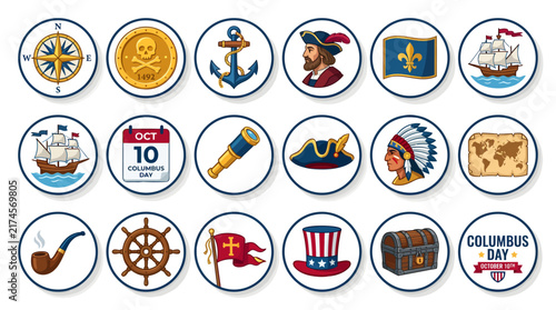 A set of 16 colorful flat vector icons celebrating Columbus Day and maritime discovery