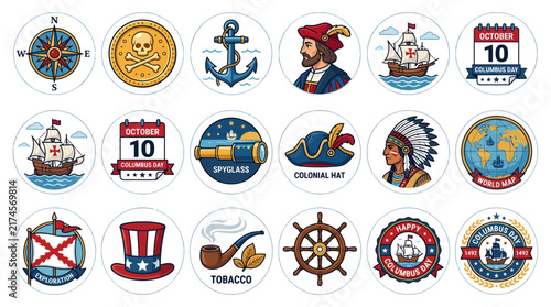 A set of 16 colorful flat vector icons celebrating Columbus Day and maritime discovery