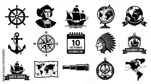 Set of 15 black and white silhouette icons representing Columbus Day and historical sea exploration. Features clean vector glyphs of sailing ships, compasses, native feather headdress, anchor, globe, 