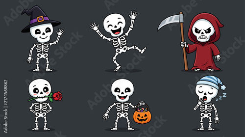 Set of cute and funny cartoon human skeletons in various poses for Halloween design