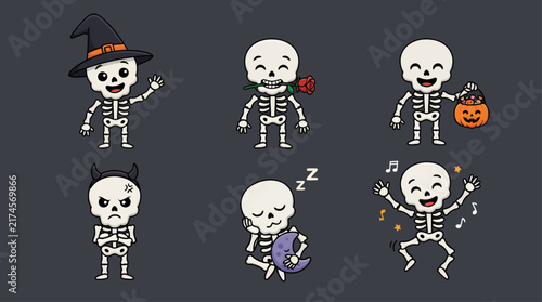 Set of cute and funny cartoon human skeletons in various poses for Halloween design
