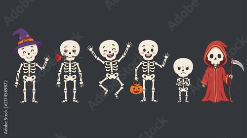 Set of cute and funny cartoon human skeletons in various poses for Halloween design