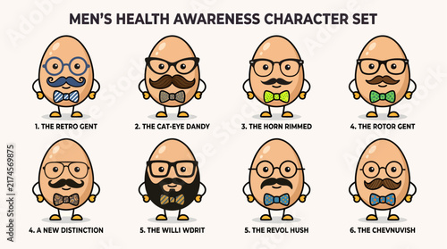 Collection of cute egg characters styled with various glasses, mustaches, and bow ties. Fun concept vector illustration for Movember and Men's Health Awareness Month