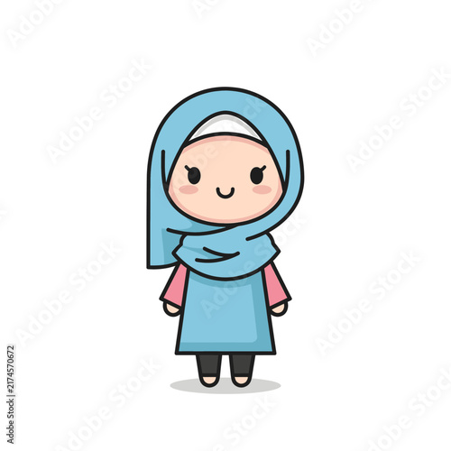 Cute Muslim Girl Cartoon Character wearing Blue Hijab Chibi Vector Illustration