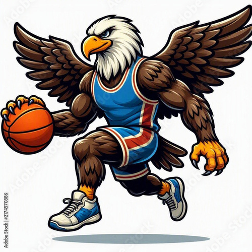 Strong athletic eagle basketball mascot dribbling a ball in a blue sports uniform