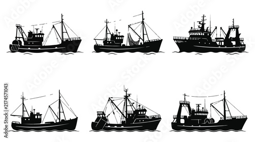 A set of six various fishing trawler silhouette vector icon illustration on a white background
