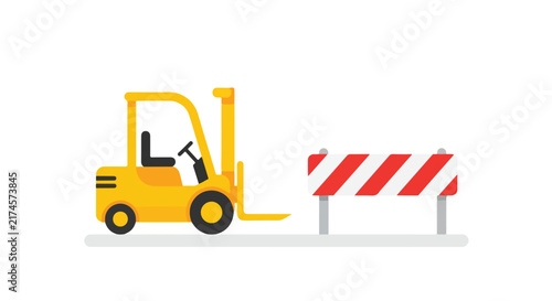 A yellow forklift truck stands in front of a red and white striped construction barrier on a plain white background.