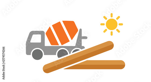 An icon featuring a grey cement mixer truck with an orange drum, wooden logs, and a bright yellow sun on a white background.