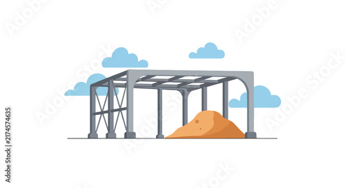 Vector illustration of an industrial steel building structure frame covering a pile of sand under blue sky clouds.