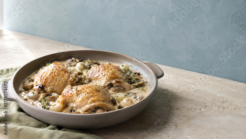 French Chicken Fricassee with Mushrooms Pearl Onions and Cream Sauce