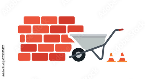 A flat vector illustration showing a red brick wall under construction with a grey wheelbarrow and orange cones nearby.