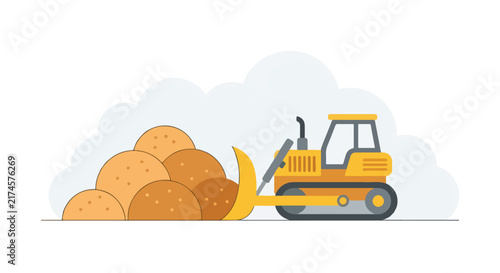 A yellow bulldozer pushes a large pile of dirt and sand on a construction site in a flat vector illustration.