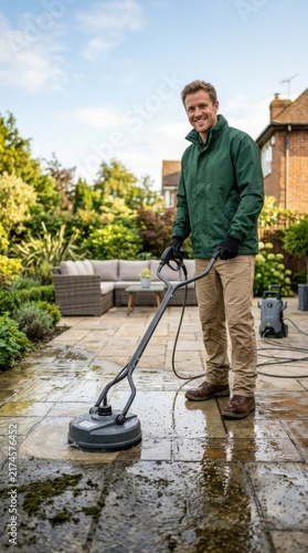 Friendly man cleaning natural stone patio pavers using commercial rotary disk pressure washing machine in backyard garden area.