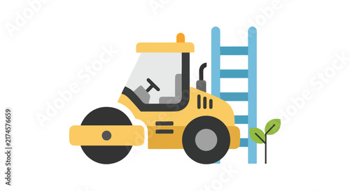 A flat vector illustration features a yellow road roller machine standing beside a blue ladder and a small plant.