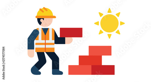 A construction worker wearing a hard hat and safety vest lays red bricks under the bright sun in a simple vector illustration.