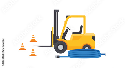 Vector illustration of a yellow forklift truck positioned near orange traffic cones and a coiled blue industrial hose on a white background.