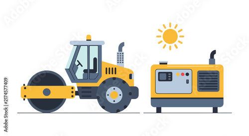 Flat vector illustration featuring a yellow heavy road roller machine alongside a portable power generator under a bright sun.