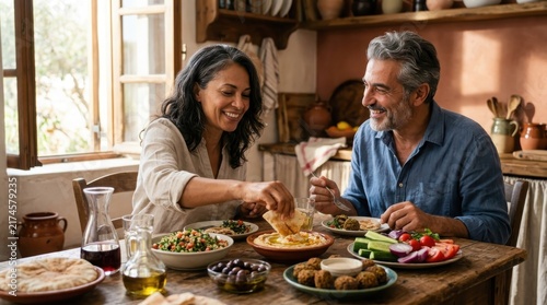 Smiling middle-aged couple sharing a delicious and healthy Mediterranean meal together at a rustic wooden table in their home.