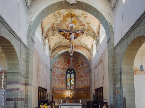 Bild auf Leinwand Medieval Church Interior with Baroque Crucifix and Romanesque Frescoes, Reichena
