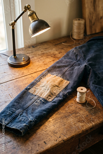 Close up of a patched denim jacket sleeve on a rustic wooden table with needle and thread. Visible mending and sustainable fashion concept under lamp light