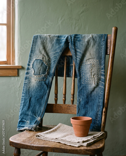 Worn blue denim jeans with visible mending patches draped over a rustic wooden chair. Sustainable fashion and frugality concept