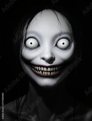 Terrifying monstrous humanoid creature with wide white eyes and a wide jagged grin creature face horror monster scary face