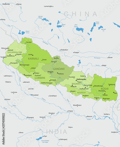 Nepal - Detailed, modern map of the country with cities, capitals, internal territorial boundaries, and major water features. Vector illustration.