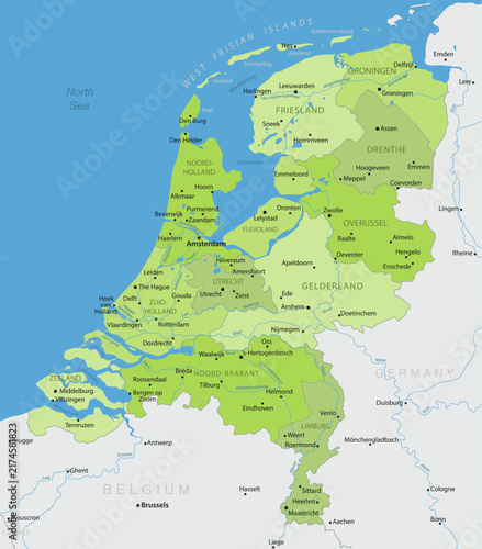 Netherlands - Detailed, modern map of the country with cities, capitals, internal territorial boundaries, and major water features. Vector illustration.