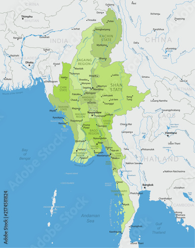 Myanmar - Detailed, modern map of the country with cities, capitals, internal territorial boundaries, and major water features. Vector illustration.