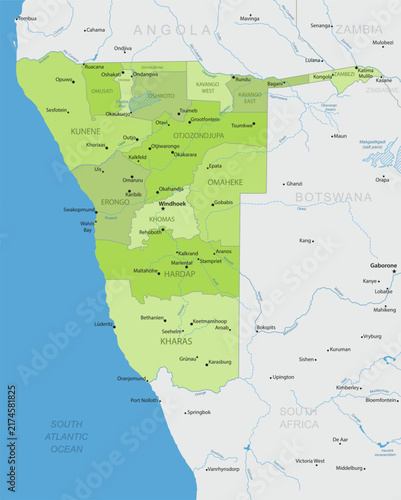 Namibia - Detailed, modern map of the country with cities, capitals, internal territorial boundaries, and major water features. Vector illustration.