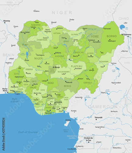 Nigeria - Detailed, modern map of the country with cities, capitals, internal territorial boundaries, and major water features. Vector illustration.