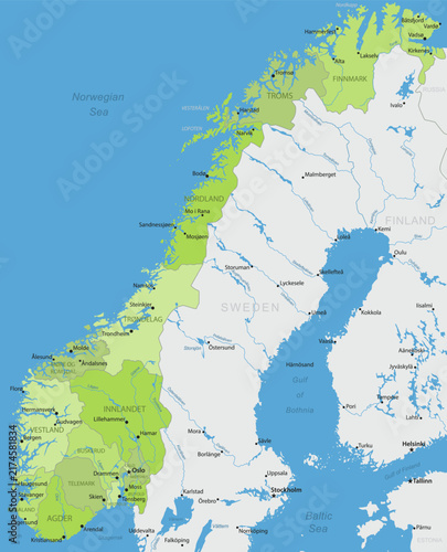 Norway - Detailed, modern map of the country with cities, capitals, internal territorial boundaries, and major water features. Vector illustration.