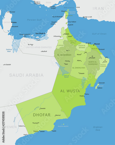 Oman - Detailed, modern map of the country with cities, capitals, internal territorial boundaries, and major water features. Vector illustration.