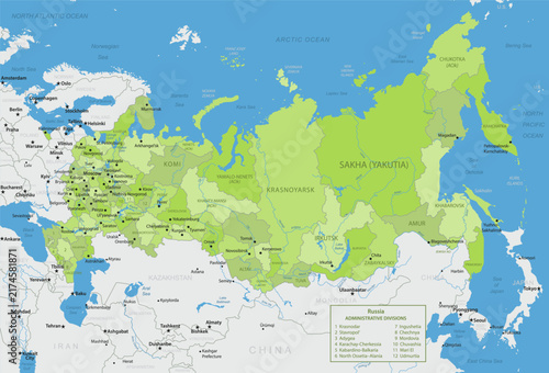 Foto Russia - Detailed, modern map of the country with cities, capitals, internal territorial boundaries, and major water features