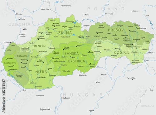 Slovakia - Detailed, modern map of the country with cities, capitals, internal territorial boundaries, and major water features. Vector illustration.