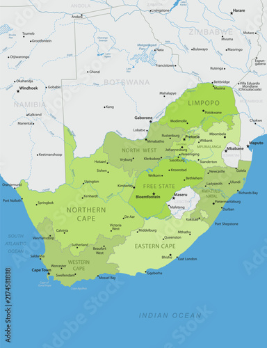 South Africa - Detailed, modern map of the country with cities, capitals, internal territorial boundaries, and major water features. Vector illustration.