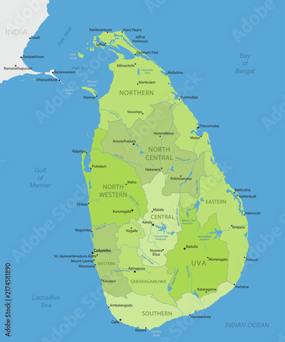 Sri Lanka - Detailed, modern map of the country with cities, capitals, internal territorial boundaries, and major water features. Vector illustration.